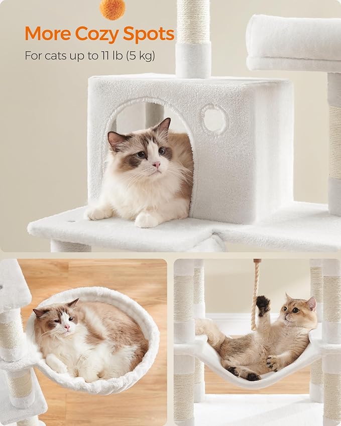 Feandrea Cat Tree, 66.1-Inch Large Cat Tower with 13 Scratching Posts, 2 Perches, 2 Caves, Basket, Hammock, Pompoms, Multi-Level Plush Cat Condo for Indoor Cats, Cream White UPCT165T01-Mewly Pet