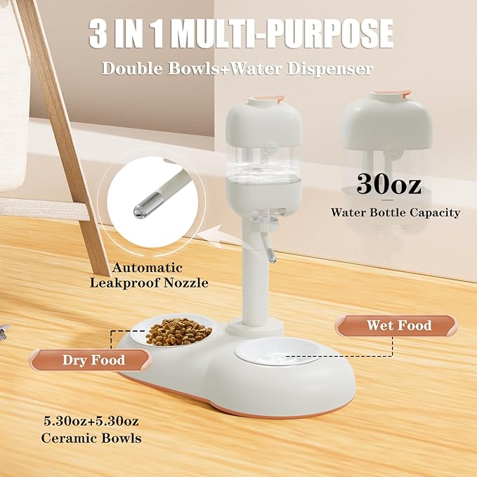 Pet Bowls with Weaning Bottles,3 in 1 Height Adjustable Water Dispenser for Dogs,15°Tilted Food Bowls for Small Dogs,Puppy Feeding,Pet Food Bowls for Cats,Rabbits,Ferrets-Mewly Pet