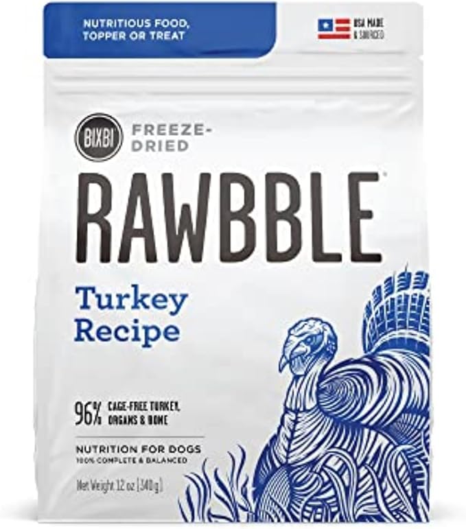 BIXBI Rawbble Freeze Dried Dog Food, Turkey Recipe, 12 oz - 96% Meat and Organs, No Fillers - Pantry-Friendly Raw Dog Food for Meal, Treat or Food Topper - USA Made in Small Batches-Mewly Pet