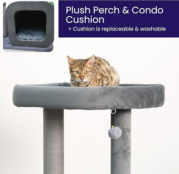 Catry 30" High 3 Level Modern Cat Tree with Large Base Condo,Removable Washable Top Bed, Recycled Paper Scratching Post, Self Grooming Brush, for Small Medium Cat(Dim Gray)-Mewly Pet