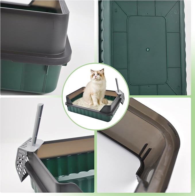 Cat Litter Boxes Large,Kitty Litter Box Low Entry High Sides,Semi Enclosed Front Entry Cat Pan Anti-Splashing Detachable Kitten Toilet with Scoop (Green)-Mewly Pet
