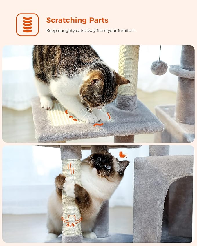 PEQULTI Small Cat Tree, [28.5''] Cat Tower for Indoor Cats, 2 Styles Activity Tree with Cat Scratching Posts, Big Hammock and Removable Top Perch Grey-Mewly Pet