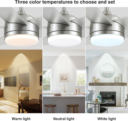 YUHAO 44 Inch Brushed Nickel Ceiling Fan with Light and Remote Control.Noiseless,Dimmable,3CCT,6 Speeds Reversible, DC Ceiling Fans for Indoor or Covered Outdoor