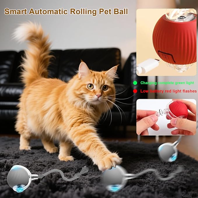 Interactive Cat Toy, 2025 New Interactive Rolling Cats Dog Toy Balls 360° Smart Automatic Rolling Pet Ball, Fast Moving Toy for Dog,Cat Ball Toy (Grey)-Mewly Pet