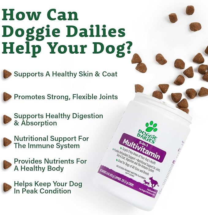Doggie Dailies 5 in 1 Multivitamin for Dogs, Dog Multivitamin for Skin and Coat Health, Joint Health, Improved Digestion, Antioxidants, Support a Healthy Immune System (Peanut Butter) 225 Soft Chews-Mewly Pet
