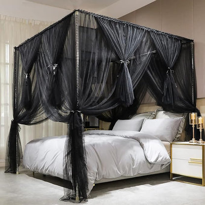 Joyreap 4 Corners Post Canopy Bed Curtain Black- Queen Size Royal Luxurious Cozy Drapes Netting- Elegant Bedroom Decoration Accessories for Adults