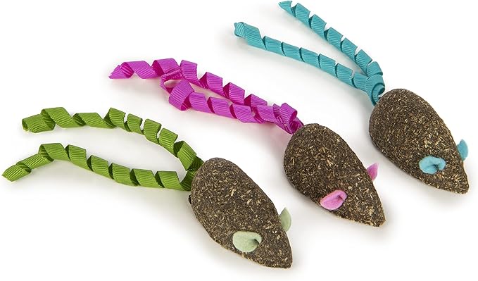 SmartyKat (3 Count) Magic Mice Compressed Catnip Ribbon Cat Toys - Green/Pink/Blue, 3 Count-Mewly Pet