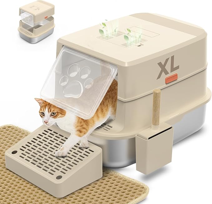 Stainless Steel Cat Litter Box with Lid, 3 in 1 Removable Litter Box for Big/Multiple Cats, High Sides Kitty Litter Pan, Leak-Proof XL Extra Large Enclosed Metal Litter Pan Easy Clean with Scoop & Mat-Mewly Pet