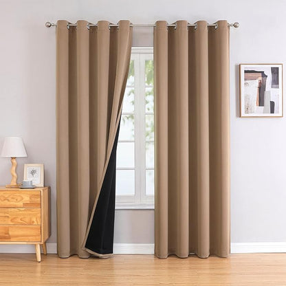 ChrisDowa 100% Blackout Curtains 80 inch Long for Bedroom with Black Liner, 2 Thick Layers Total Blackout Thermal Insulated Grommet Window Curtains 2 Panels Set (Cappuccino, 52 x 80 Inch)