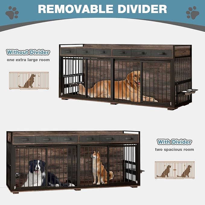 86.6Inch Large Double Dog Crate Furniture,Heavy Duty Metal Frame Dog Crate Kennel with Adjustable Feeder Bowls and Removable Divider&Drawers,Chew-Resistant Dog Kennel for 2 Dogs Indoor-Mewly Pet