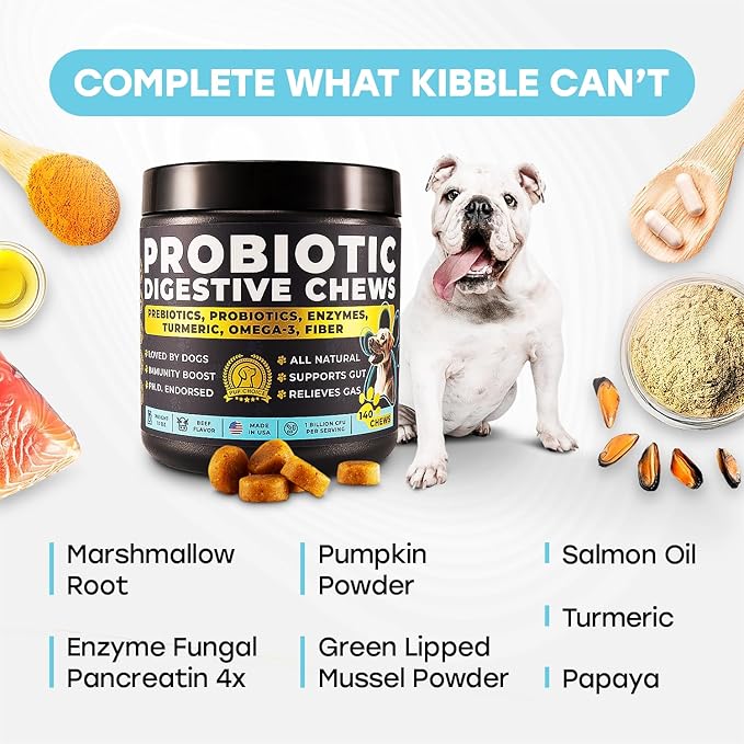 Probiotics for Dogs - PhD Endorsed Digestive Enzymes - Gut Health, Diarrhea & Bowel Support - Dog Treats with Turmeric, Omega-3 & Fiber - Immune Soft 140 Chews - Beef Flavor - Made in USA-Mewly Pet