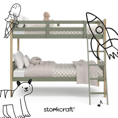 Storkcraft Caribou Bunk Bed Twin Over Twin Bunk Bed (Olive and Natural) - GREENGUARD Gold Certified, Twin Bunk Beds for Kids, Converts to 2 Individual Twin Beds (Mattress not Included)
