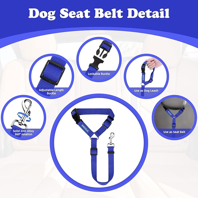 BWOGUE 2 Packs Dog Cat Safety Seat Belt Strap Car Headrest Restraint Adjustable Nylon Fabric Dog Restraints Vehicle Seatbelts Harness Dark Blue-Mewly Pet