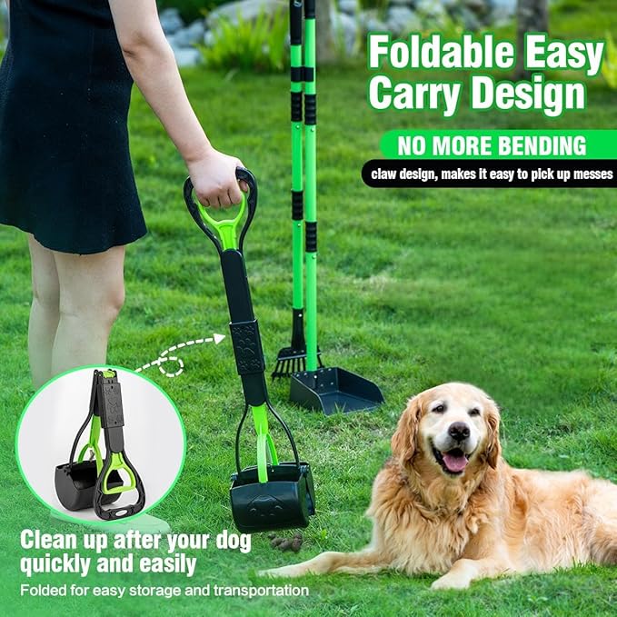 MXF Dog Pooer Scooper Set, 2 in 1 Pet Poop Scooper with Long Handle 28" Dog Poop Picker Upper and Stainless Metal Tray & Rake for Medium & Small Dogs, Heavy Duty for Grass, Dirt, Gravel-Mewly Pet