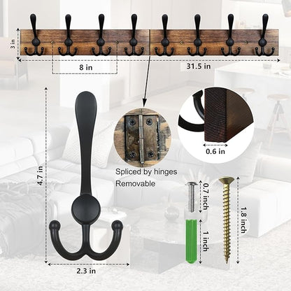 Coat Rack Wall Mount 31.5'' Coat Hanger Wall Mount Burnt Brown Coat Hooks for Wall Rustic Towel Racks for Bathroom Living Room Coat Hat Cloth