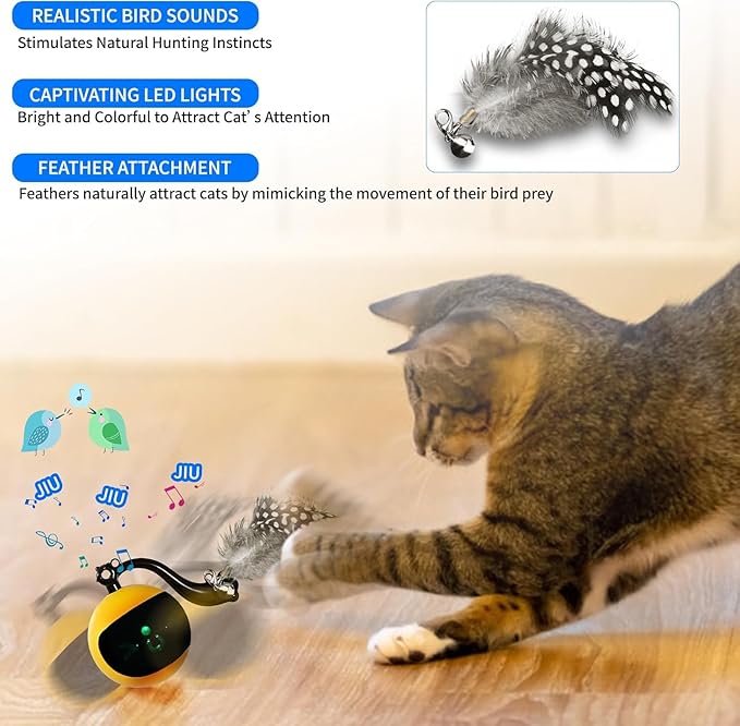 Interactive Cat Ball Toy with Remote Control, Automatic Moving Cat Toys Ball with Feather Tail, Electric Puzzle Toy for Chasing and Hunting (Yellow)-Mewly Pet