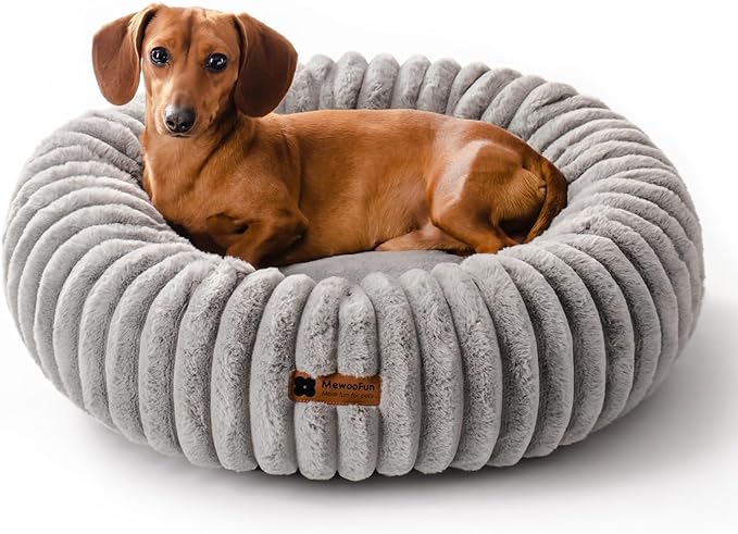 MEWOOFUN Donut Dog Beds for Small Dog, Calming Bed Round Cute Puppy Bed with Non-Slip Bottom, Fluffy Washable Pet Bed for Puppy and Kitten (Grey, S (25x25x7))-Mewly Pet