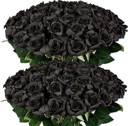 FOTEEWL 60 Pcs Artificial Rose Flower Realistic Faux Silk Roses Stem Fake Roses Bouquet for Flower Arrangement,Wedding Centerpieces,Party,Home Decor,Halloween Decorations (Black)