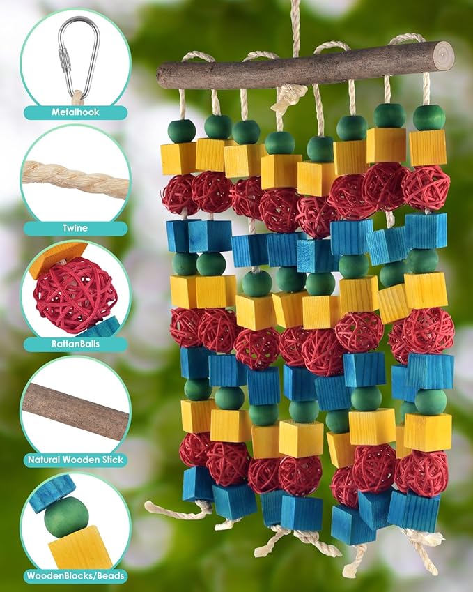 Large Parrot Toys, 17.7 inch Multicolored Natural Wooden Blocks Beads Rattan Balls, Bird Chew and Hanging Tearing Toys for Large Medium Birds Macaws African Grey Cockatoos Amazon Parrots-Mewly Pet