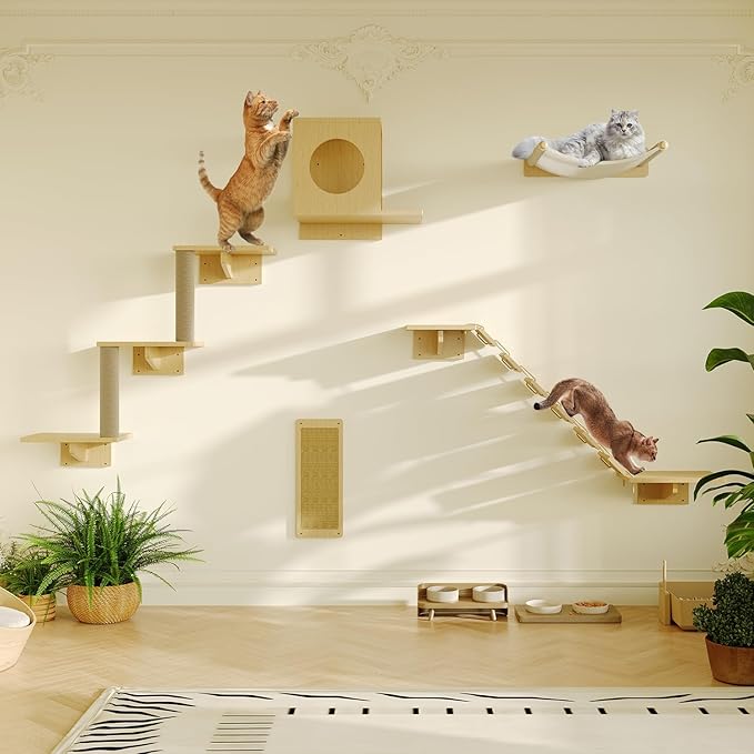 MeowHomm Cat Wall Shelves, Set of 5 Wooden Cat Wall Furniture with Cat Condo, Cat Scratching Post with 3 Steps, Bridge, Cat Hammocks and Scratcher-Mewly Pet