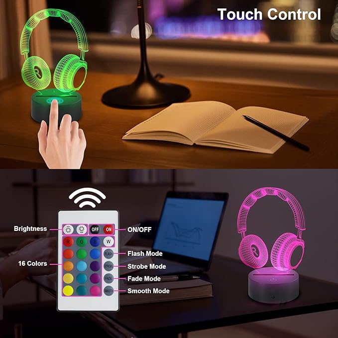 AZIMOM 3D Illusion Lamp Electric Guitar Remote Control 16 Colors Night Light for Kids Smart Touch Bedside Lamps Bedroom Decoration Boys & Girls Women Birthday Gifts