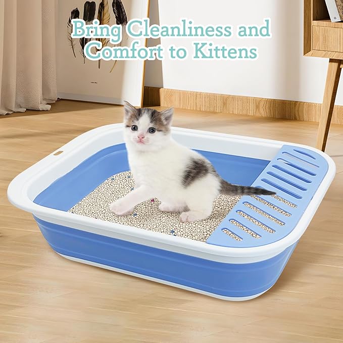 Fhiny Cat Litter Box Portable Shallow Litter Box 17.7"x13.4"x4.9" Foldable Cat Toilet with Scoop Open Kitty Potty Pan with Litter Drop Pedal Easy to Clean Travel Kitten Toilet(Blue)-Mewly Pet