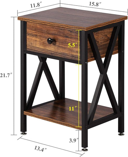 VECELO Modern Versatile Nightstands X-Design Side End Table Night Stand Storage Shelf with Bin Drawer for Living Room Bedroom, Brown+Black