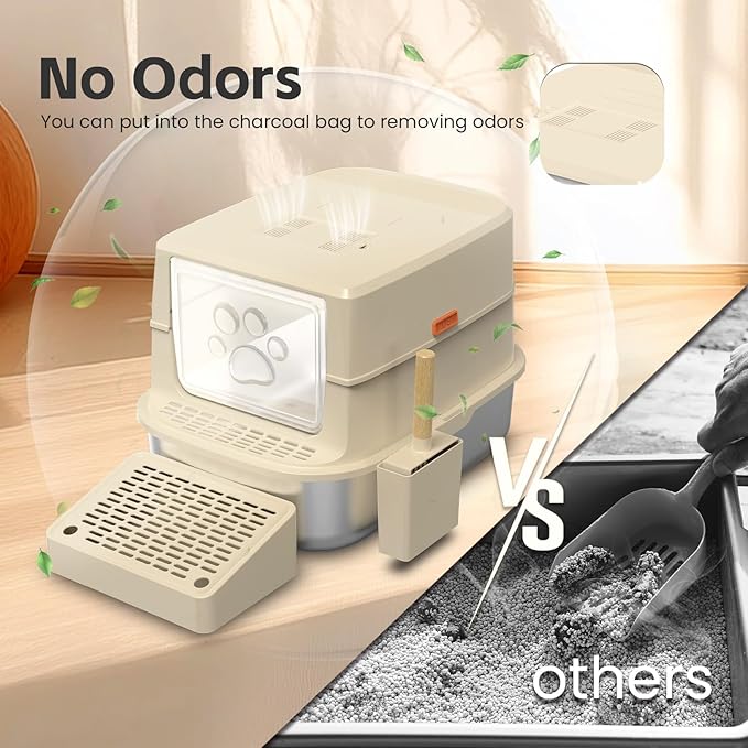 Stainless Steel Cat Litter Box with Lid, 3 in 1 Removable Litter Box for Big/Multiple Cats, High Sides Kitty Litter Pan, Leak-Proof XL Extra Large Enclosed Metal Litter Pan Easy Clean with Scoop & Mat-Mewly Pet