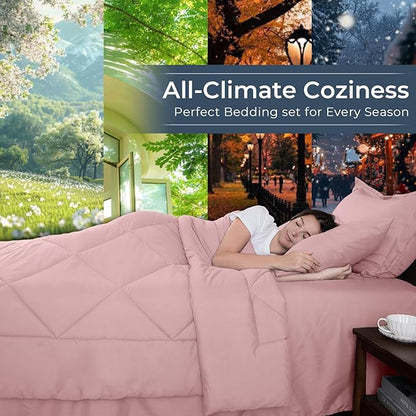 HEVUMYI Rose Gold Twin Comforter Set - 5-Piece All Season Bed in a Bag Twin, Ultra Soft Bedding Set with Comforter, Flat Sheet, Fitted Sheet, Pillowcases, Pillow Shams