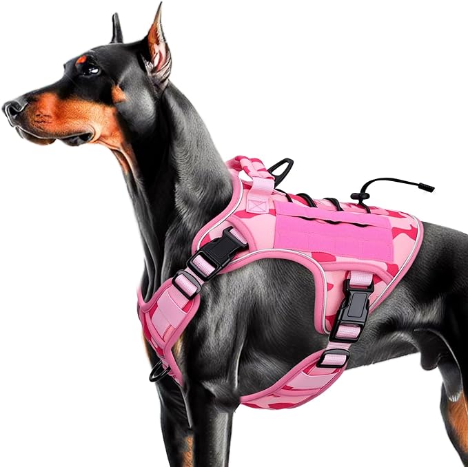 Heavy-Duty Tactical Dog Harness for Large Dogs, No Pull Adjustable Reflective Pet Vest with Molle System, K9 Military-Grade Control for Service Training, Outdoor & 10+ Breeds, Pink Camo, Large-Mewly Pet