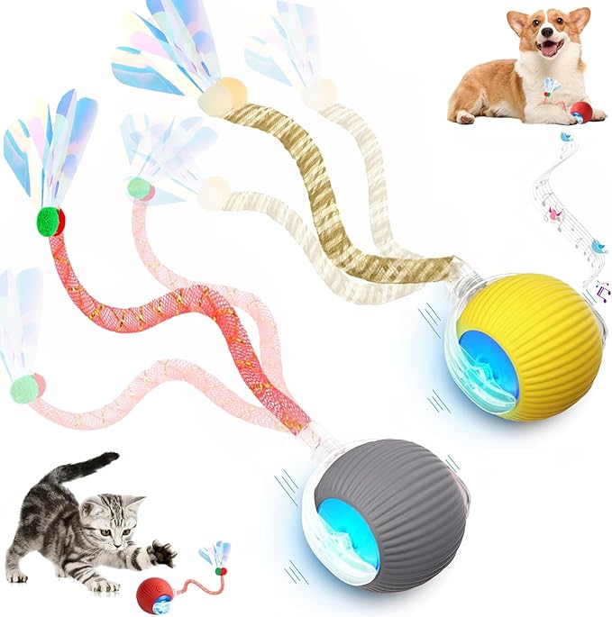 2 Packs Speed 2.0 Tail Interactive Cat Toys for Indoor Cats, Chirping & Motion Activate Ca t Toy, Smart Kitten Rolling Ball Moving Ball Toys, Rechargeable Dog Cat Bal l for Enrichment Exercise-Mewly Pet