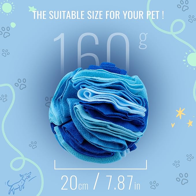 Pet Snuffle Ball, Puzzle Sniffing Interactive Dog Ball for Blind Dogs Training Stress Relief Dog Enrichment Toys Treat Machine Washable (20cm, Ocean Blue)-Mewly Pet