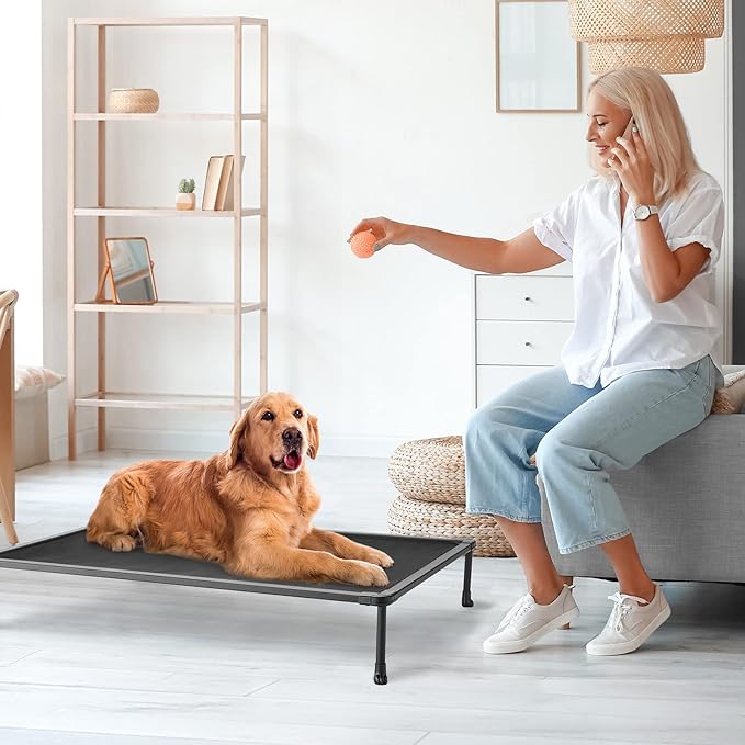 Veehoo Chewproof Elevated Dog Bed - Cooling Raised Pet Cot, Breathable Mesh, Washable & Non-Slip for Large Dogs, Indoor/Outdoor, Black Mat and Black Frame, 42x30inches (Model CWC2203A03)-Mewly Pet