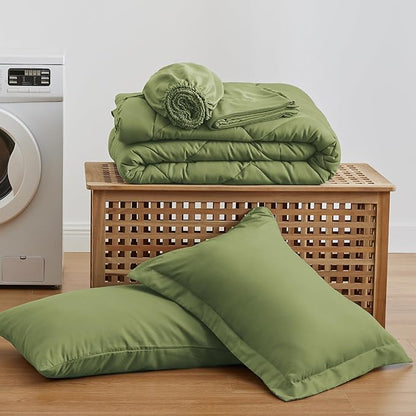 Love's cabin Twin XL Comforter Set Olive Green, 5 Pieces Twin XL Bed in a Bag, All Season Bedding Sets with 1 Comforter, 1 Flat Sheet, 1 Fitted Sheet, 1 Pillowcase and 1 Pillow Sham