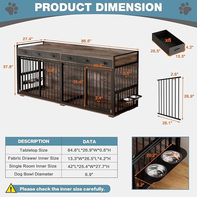 86.6Inch Large Double Dog Crate Furniture,Heavy Duty Metal Frame Dog Crate Kennel with Adjustable Feeder Bowls and Removable Divider&Drawers,Chew-Resistant Dog Kennel for 2 Dogs Indoor-Mewly Pet