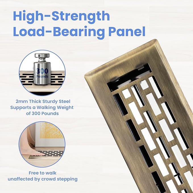 2x12 Inches 2 Pack Heavy Duty Walkable Floor Register - Easy Adjust Air Supply Lever Decorative Floor Vent Covers - Boston Design Vent Covers for Home - Antique Brass