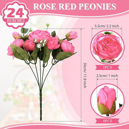 Hoteam 24 Bundles Artificial Peonies Flowers Wedding Faux Flowers Silk Peony Bouquet Bulk Bride Fake Florals Arrangements for Table Centerpieces Wedding Party Vase Decor (Hot Pink)