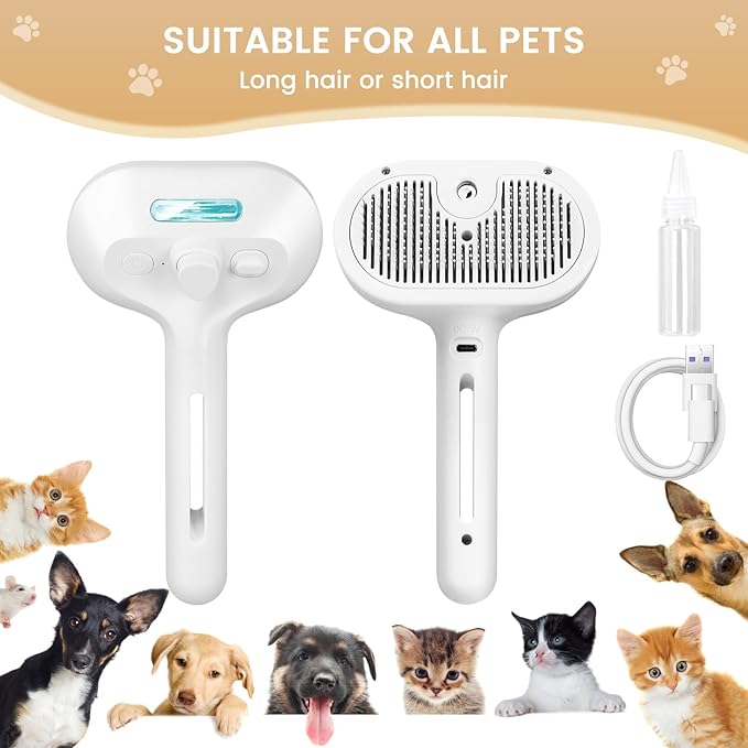 Cat Steam Brush, 3 In 1 Steamy Cat Brush with Release Button and Tank, Anti-Static Pet Spray Hair Removal Comb, Rechargeable Dog Steam Comb for Furry Pet-Mewly Pet