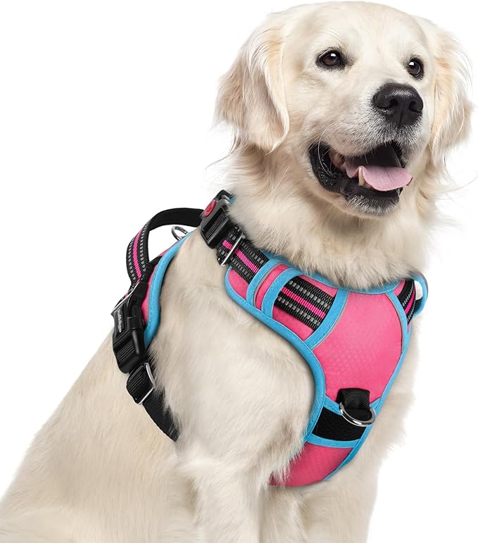 rabbitgoo Dog Harness for Large Dogs, No Pull Pet Vest with 3 Buckles, Adjustable Soft Padded Pet Harness with Easy Control Handle and Reflective Strips, Rose Pink & Blue, XL-Mewly Pet