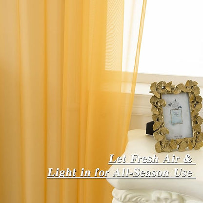 HUTO Gold Yellow Sheer Curtains 63 Inches Long for Living Room Rod Pocket Top Window Sheer Panels Curtains for Bedroom 2 Panels