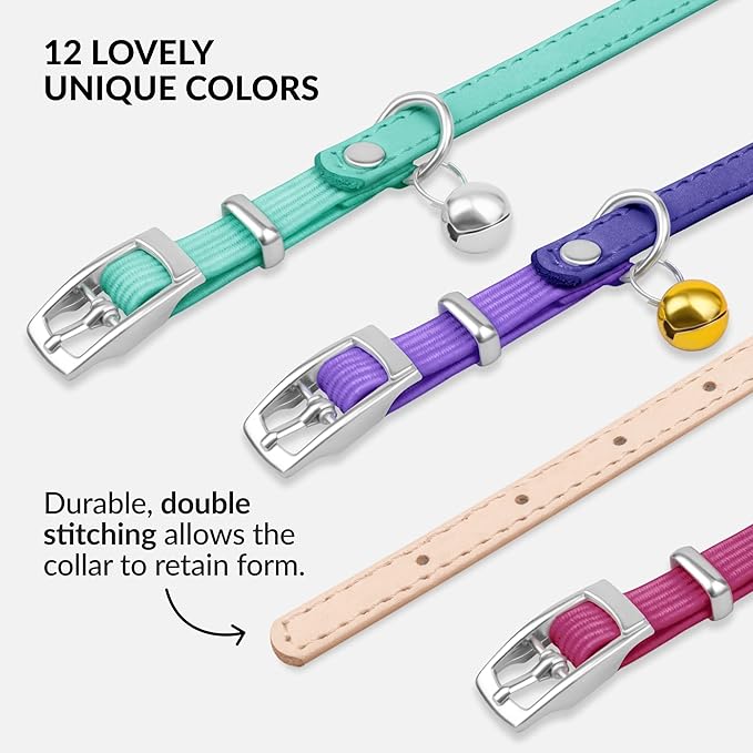 CollarDirect Leather Cat Collar with Bell - Kitten Small and Big Cat Collar for Boy Cats, Girl Cats with Safety Elastic Strap (Neck Fit 6"-7", Beige)-Mewly Pet