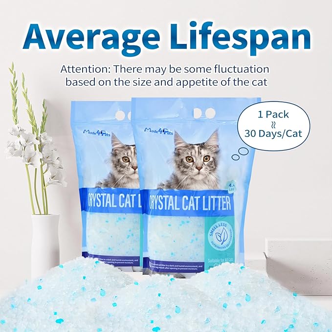 Made4Pets Cat Litter Crystals, Non Clumping Cat Litter Odor Control Kitty Litter Non Clumping No scooping Low Dust, Low Tracking, Lightweight, Dehydrates Waste,Cologne– 8.6 lbs (2 x 4.3 lb Packs)-Mewly Pet
