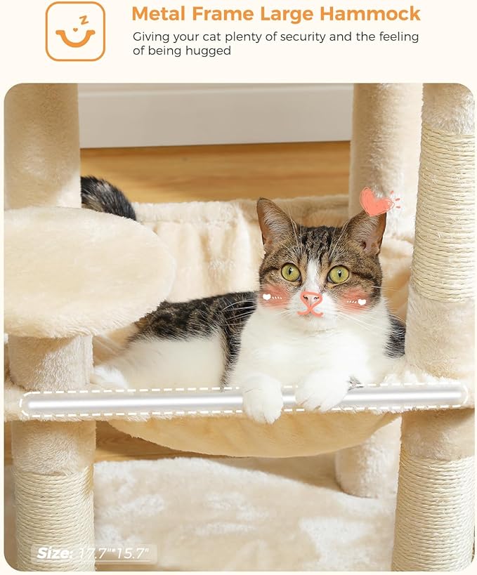 Cat Tree for Indoor Cats, 45.7" Multi-Level Cat Tower with Large Metal Frame Hammock, Cat Condo with 4 Scratching Posts and Top Perch for Small Medium Cat, Beige-Mewly Pet