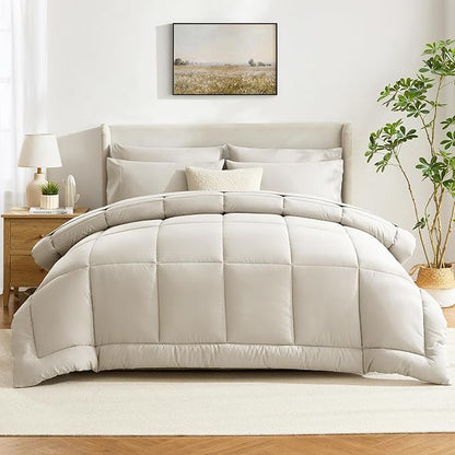 CozyLux King Size Comforter Set Beige, 7 Pieces Bed in a Bag, Beige Comforter King Size, All Season Bedding Sets with Stitch Quilted Comforter, Flat Sheet, Fitted Sheet, Pillowcases