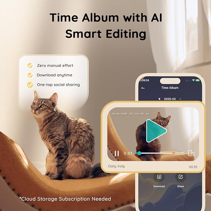 2K Pet Camera Treat Dispenser, AI Photo Album, Dog Camera with 360° Auto Tracking & 5G/2.4G WiFi, 2-Way Talk, Remote Treat Tossing, Motion Alerts for Cats Indoor-Mewly Pet