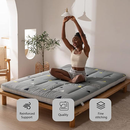 MAXYOYO Grey Triangle Futon Mattress, Japanese Floor Mattress Quilted Bed Mattress Topper, Extra Thick Folding Sleeping Pad Breathable Floor Lounger Guest Bed for Camping, Queen Size