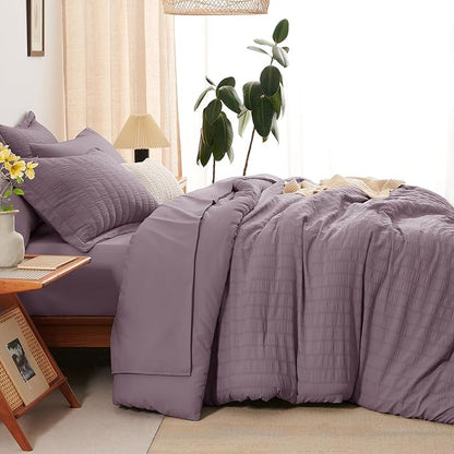 CozyLux King Size Comforter Set Dusty Purple Seersucker 7 Pieces Bed in a Bag King Comforter Set with Sheets, Luxury Bedding Set with Down Alternative Comforter, Sheets, Pillowcases & Shams All Season