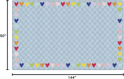 Flagship Carpets Schoolgirl Style Blue with Rainbow Hearts Border Educational Area Rug for Kids Room Seating Décor, Children's Classroom, Play Carpet for Teaching and Playroom, 7'6" x 12', Blue