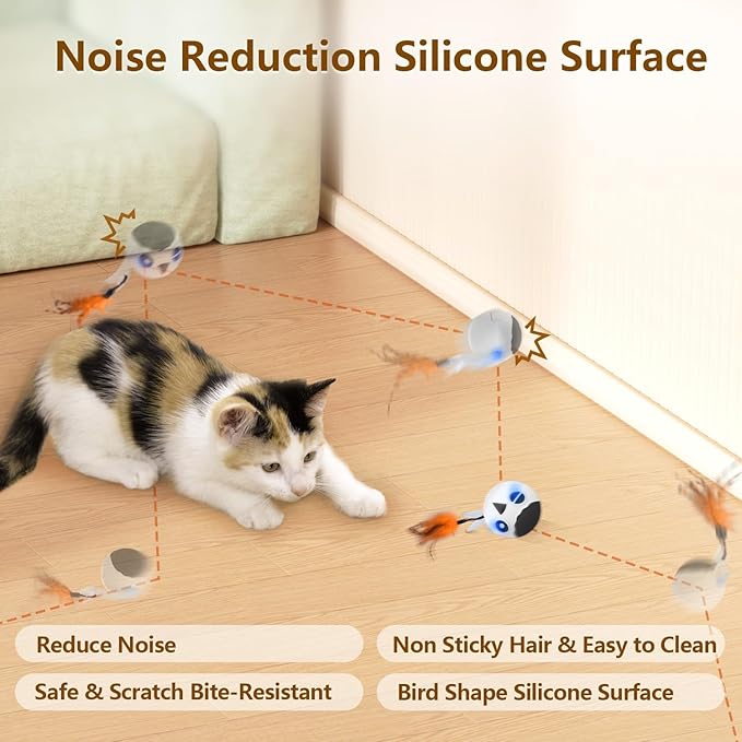 ORSDA Cat Ball Toys, Interactive Cat Toy for Indoor Bored Indoor Cats Kitten Toys, Automatic Electric Bird Moving Ball Toy, 4 Mode Voice & Touch Control Rolling Chirping Stimulating, 2 Feather Tails-Mewly Pet
