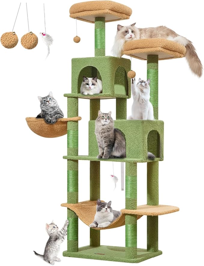 Taoqimiao Cat Tree, 66.2-Inch Cat Tower for Indoor Cats, Plush Multi-Level Cat Condo with 7 Scratching Posts, 2 Perches, 2 Caves, Hammock, 2 Pompoms, MS013T Cactus-Mewly Pet